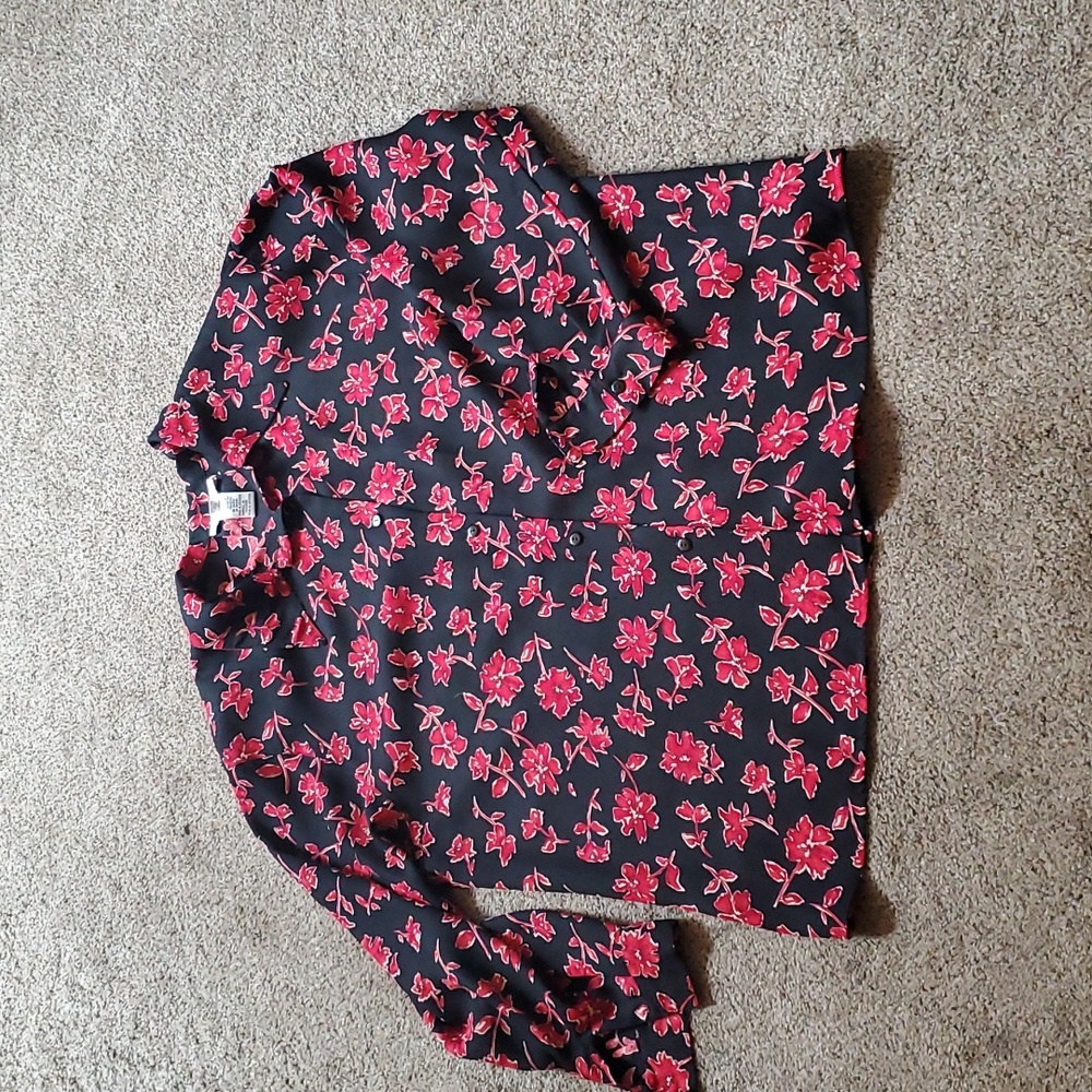 Vintage Rena Rowan for Saville Blouse - Black with Red Flowers, Size 18W